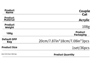 Detailed specifications of acrylic cat wall stickers including size 20x18cm and 5 colors