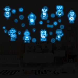 Luminous blue cartoon robot wall stickers for children bedroom featuring glow gears