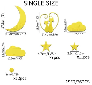 Detailed size chart for the romantic cat acrylic mirror wall stickers showing all 36 pieces