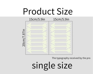 Detailed size chart showing luminous arrow wall stickers with 20x15cm layout measurements