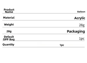 Specifications table showing acrylic balloon wall stickers in gold, silver, and black colors