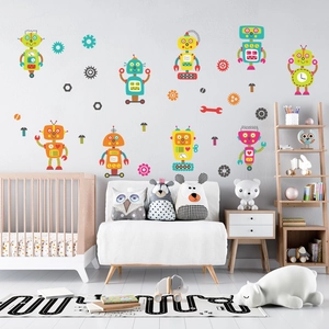 Luminous cartoon robot wall stickers for kids room with blue glow in the dark decals