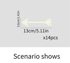 Detailed size chart for 14pcs luminous arrow wall stickers with metric and inch measurements