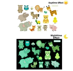 Glow-in-the-dark cartoon animal wall stickers showing day color and night fluorescent green effect