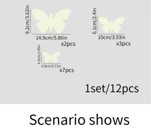 Size guide for 12pcs luminous butterfly wall stickers showing dimensions for small to large pieces