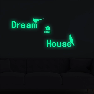Glow-in-the-dark wall stickers featuring Dream, House, and Home text with bird silhouettes