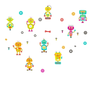 Luminous blue cartoon robot wall stickers set with colorful gears for kids room decor
