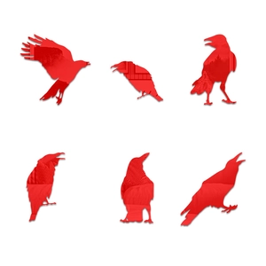 Detail view of 6 red raven wall stickers showing artistic silhouettes and forest patterns