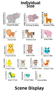 Size chart showing exact dimensions for various cartoon animal glow wall stickers