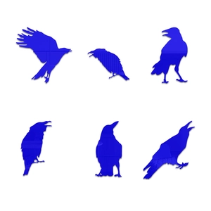 Set of 6 blue reflective acrylic crow wall stickers showing various flying and perched poses