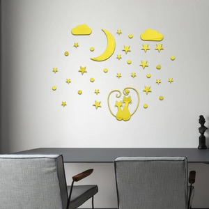 3D yellow acrylic mirror cat and moon wall stickers set for bedroom decor