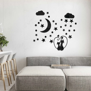Detail of 3D mirror black acrylic cat silhouette wall stickers on a white textured wall