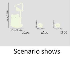 Detailed dimensions of glow-in-the-dark bear wall sticker with ON OFF switch icons