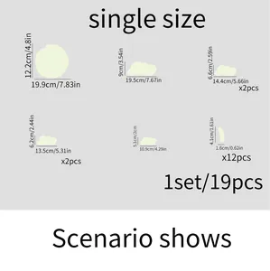 Size chart showing dimensions for the 19-piece sun, moon, and cloud luminous wall sticker set