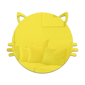 Detailed view of yellow cat head acrylic mirror sticker reflecting a cozy room interior