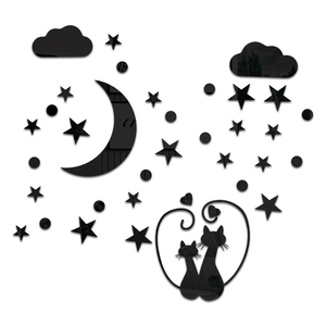 Black acrylic 3D mirror wall sticker featuring romantic cats, moon, and stars set