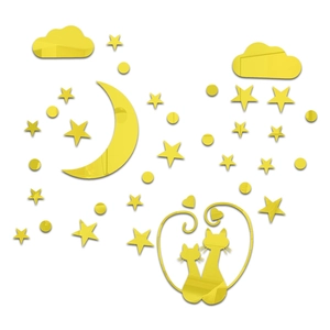 Yellow acrylic mirror wall sticker featuring cats, moon, stars, and clouds for home decor