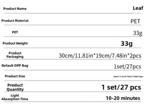 Detailed size chart and PET material specifications for luminous leaf wall stickers