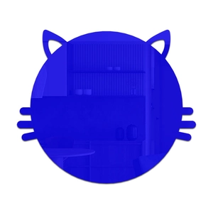 Detailed view of the bright blue cat-shaped acrylic mirror wall sticker with reflective surface