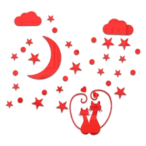 Detailed red mirror acrylic wall sticker set with romantic cats, stars and moon elements