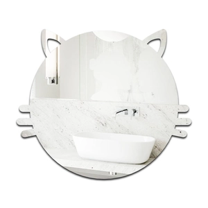 Close-up of cat-shaped acrylic mirror wall sticker showing clear reflection in bathroom