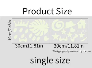 Size chart showing two self-adhesive glow wall stickers measuring 19cm by 30cm each