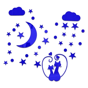 Detail of dark blue acrylic mirror wall stickers with moon, stars, and cat silhouettes