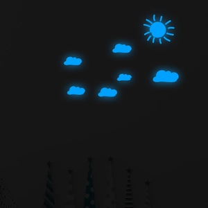 Luminous wall sticker set with fluorescent blue sun and clouds for night room decoration