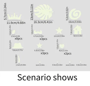 Detailed size chart for glow in the dark wall stickers with specific dimensions in cm and inches