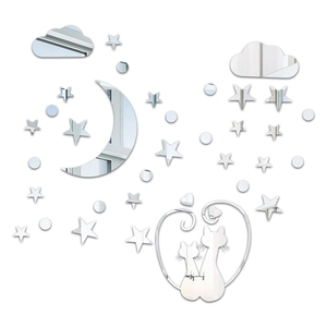 Detailed mirror acrylic wall sticker set with cats, crescent moon, and stars silhouettes