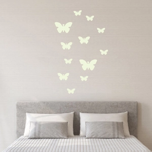 Detailed view of 3D butterfly wall stickers on a modern grey bedroom wall surface