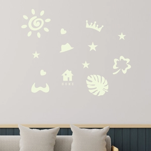 Luminous wall sticker set featuring stars, crown, and home motifs for bedroom decor