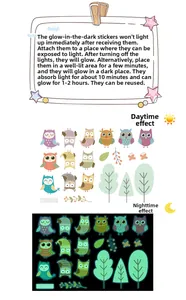 Glow-in-the-dark owl and plant wall decals set with day and night luminescent effect