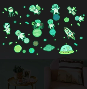 Luminous space wall stickers featuring glow-in-the-dark animal astronauts and stars