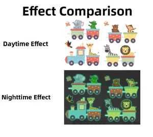 Luminous wall stickers featuring cartoon animals on a train with day and night glowing effects
