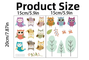Detailed size chart of glow-in-the-dark owl wall stickers measuring 15cm by 20cm