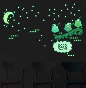 Glow-in-the-dark wall decals showing cartoon owls and moon glowing green in dark room