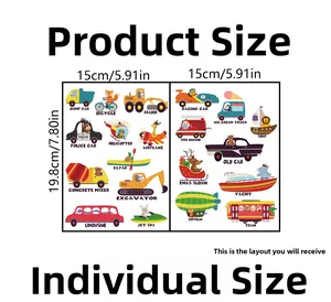 Size chart showing 15x19.8cm layout for cartoon animal vehicle glow stickers