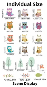 Detailed size chart for cartoon owl glow-in-the-dark wall stickers with metric and inch units