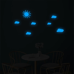 Luminous blue sun and clouds wall decals glowing in dark kids room bedroom