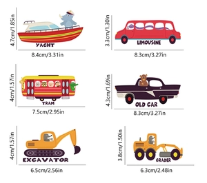 Detailed view of cartoon vehicle wall decals with animal drivers and size specifications