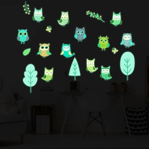 Luminous owl wall stickers set with glowing trees and butterflies for kids room decor