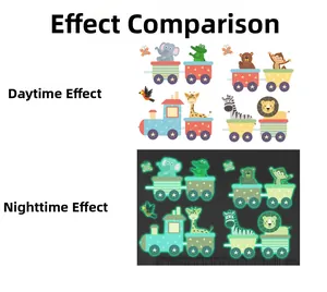 Luminous animal train wall stickers showing day and night glowing effects comparison