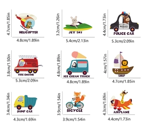 Detailed size specifications for nine glow-in-the-dark cartoon vehicle wall stickers