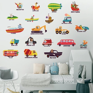 Glow-in-the-dark cartoon vehicle wall stickers featuring 20 different transport styles for kids
