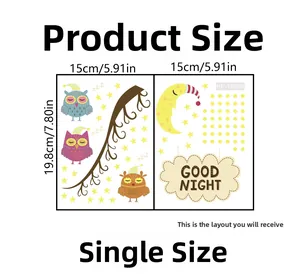 Glow in the dark owl and moon wall sticker layout dimensions showing 15x19.8cm size