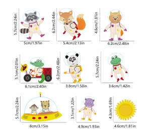 Detailed sheet of luminous cartoon animal space stickers with dimensions in centimeters