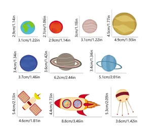 Detailed size chart for 10 luminous space wall decals showing planets and rockets in cm