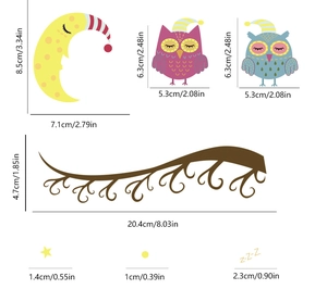 Detailed size specifications for cartoon owls and moon glow in the dark wall stickers