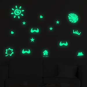 Glow in the dark wall stickers featuring stars and home icons in fluorescent green